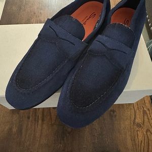 Like new Santoni blue suede shoes with orange bottom